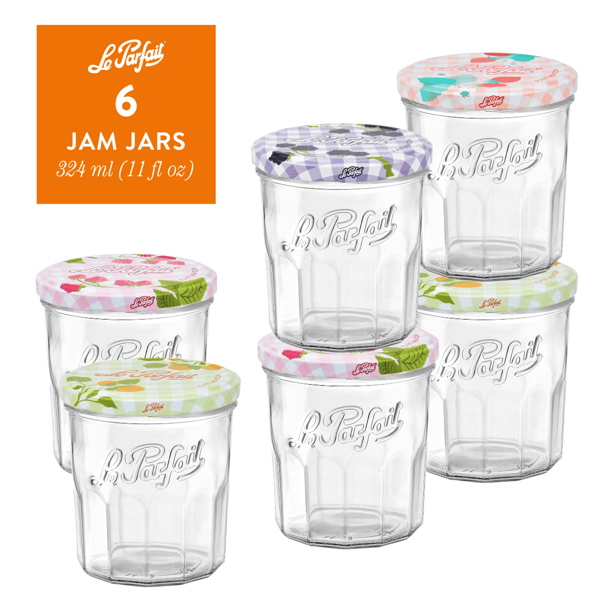 6-pack of Le Parfait Jam Jars 324ml (11 fl oz) in fluted glass with assorted patterned twist lids.