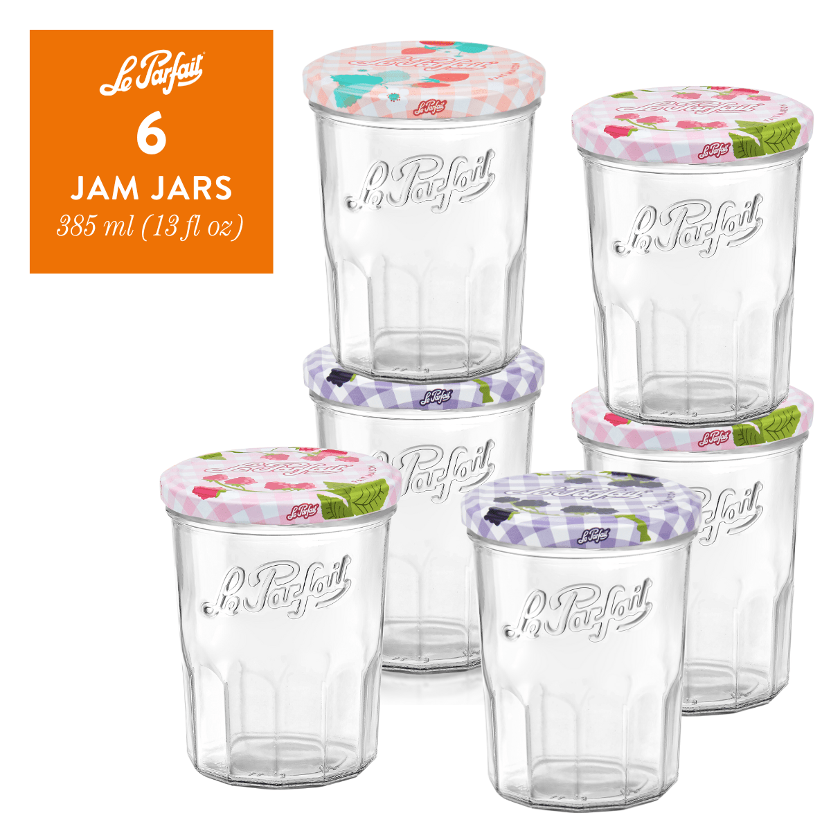 6-pack of Le Parfait Jam Jars 385ml (13 fl oz) in fluted glass with assorted patterned twist lids.