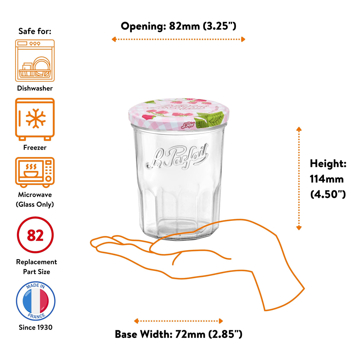 Le Parfait Jam Jar 385ml size guide: 82mm opening, 114mm height, 72mm base; dishwasher, freezer, microwave safe with size-82 replacement parts.