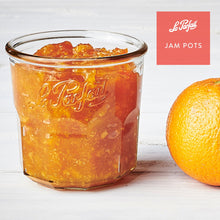 Load image into Gallery viewer, Le Parfait Jam Pot filled with orange marmalade beside a whole orange - 'Jam Pots' branding.