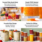 Le Parfait Jam Jars and Jam Pots feature card - Faceted Wide-Mouth Body, Simple Twist Method, Versatile Glass Design, and Perfect for Gifting.