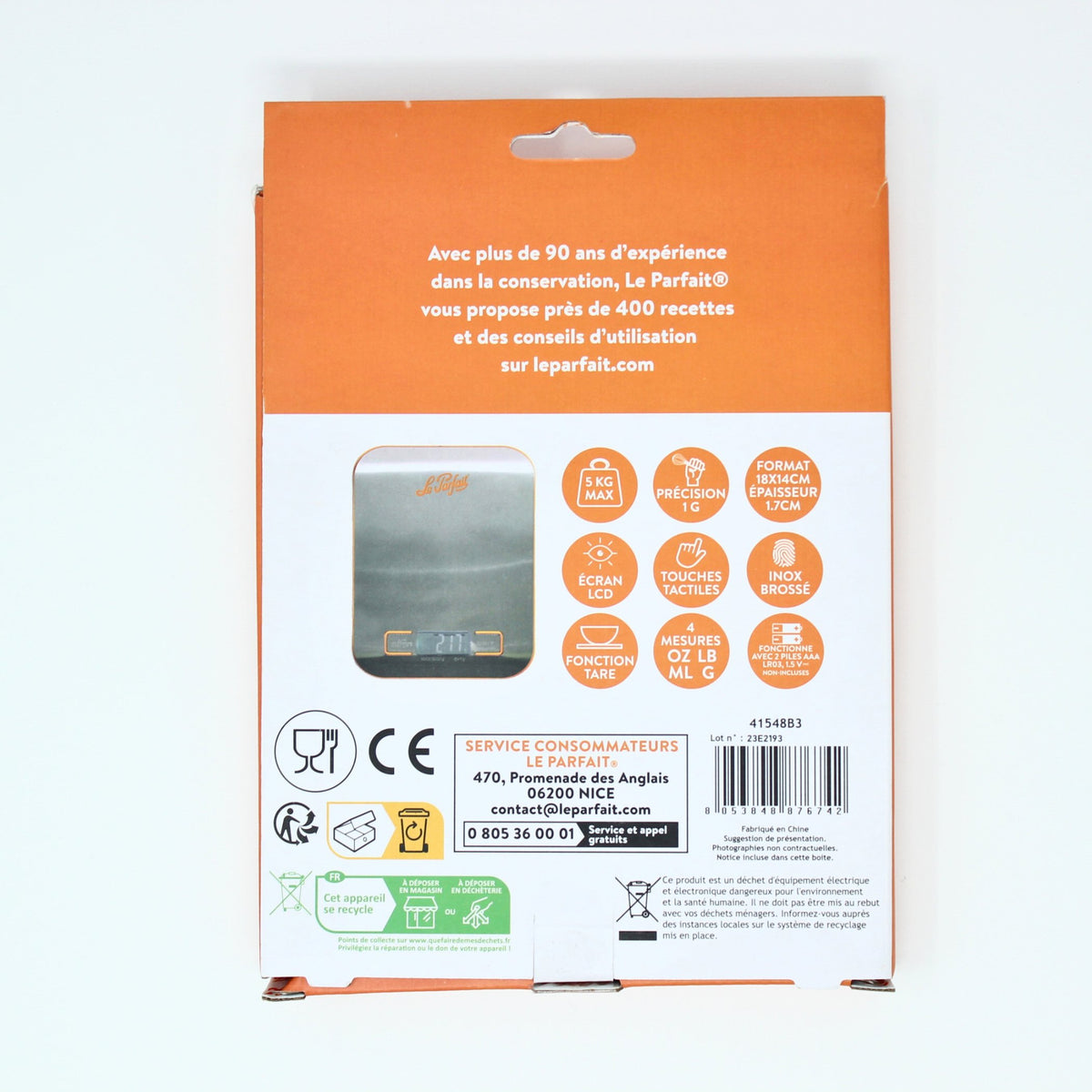 Le Parfait kitchen scale retail packaging - back showing French copy and feature icons.