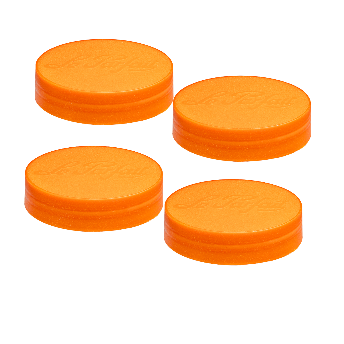Four small sparkling orange Le Parfait plastic screw-top jar lids in the smaller size variant, top-down view.