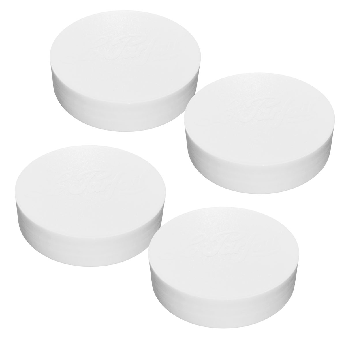 Four white Le Parfait plastic screw-top jar lids with embossed logo, angled product shot.
