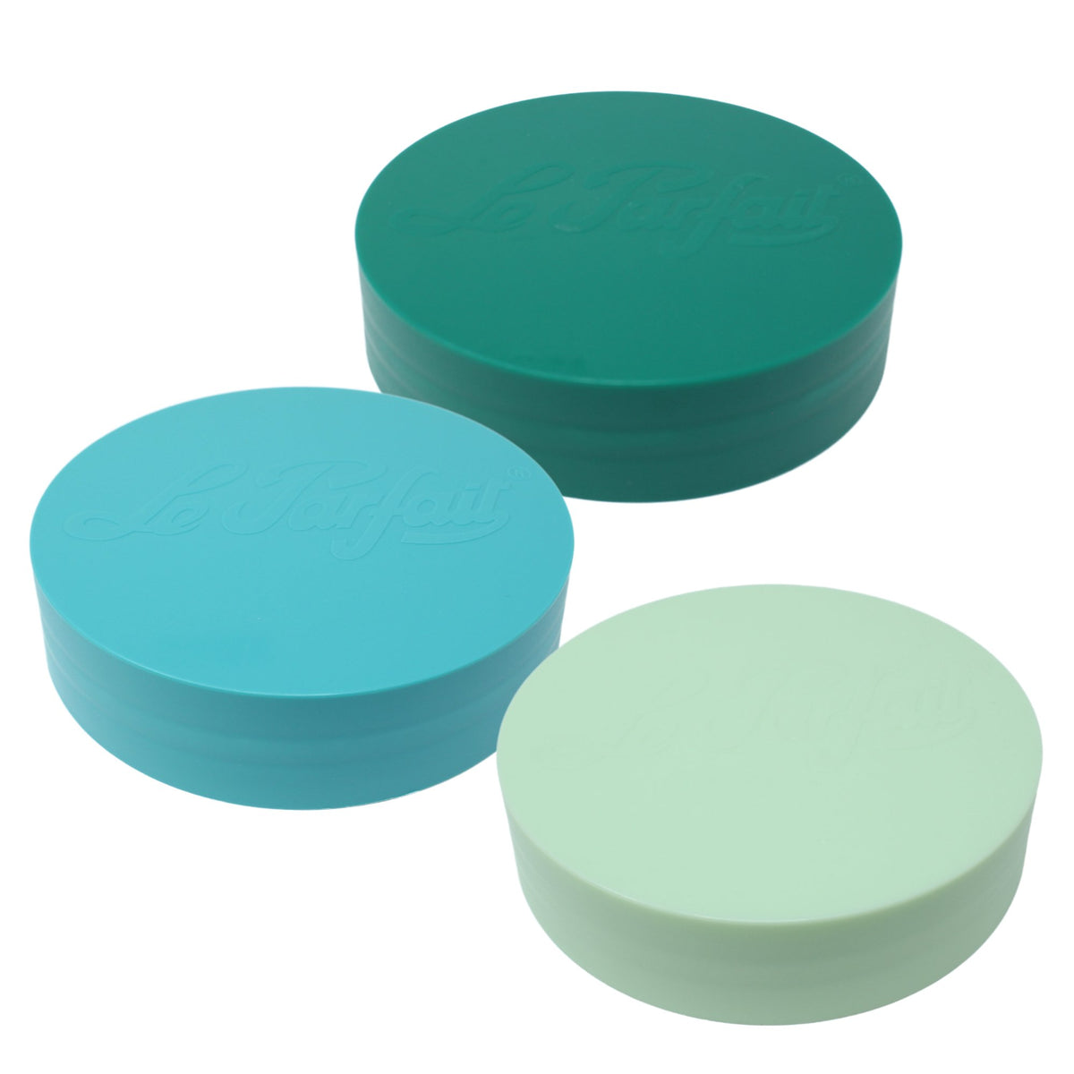 Le Parfait Cool multipack of plastic screw-top jar lids - one pine, one teal, and one mint.