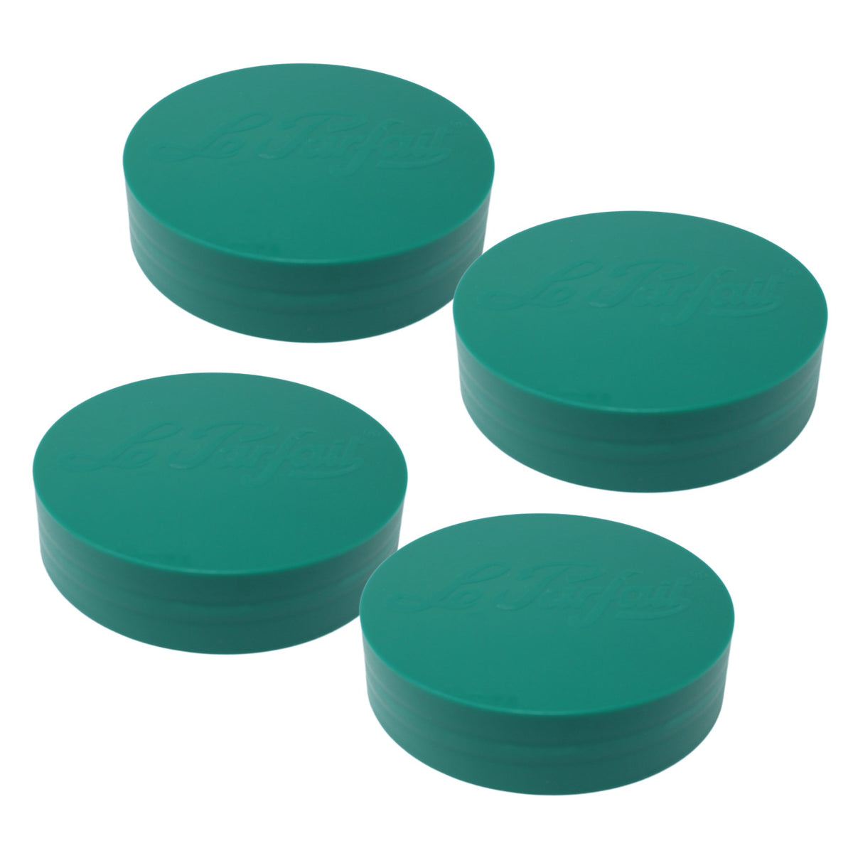 Four pine Le Parfait plastic screw-top jar lids with embossed logo, angled product shot.