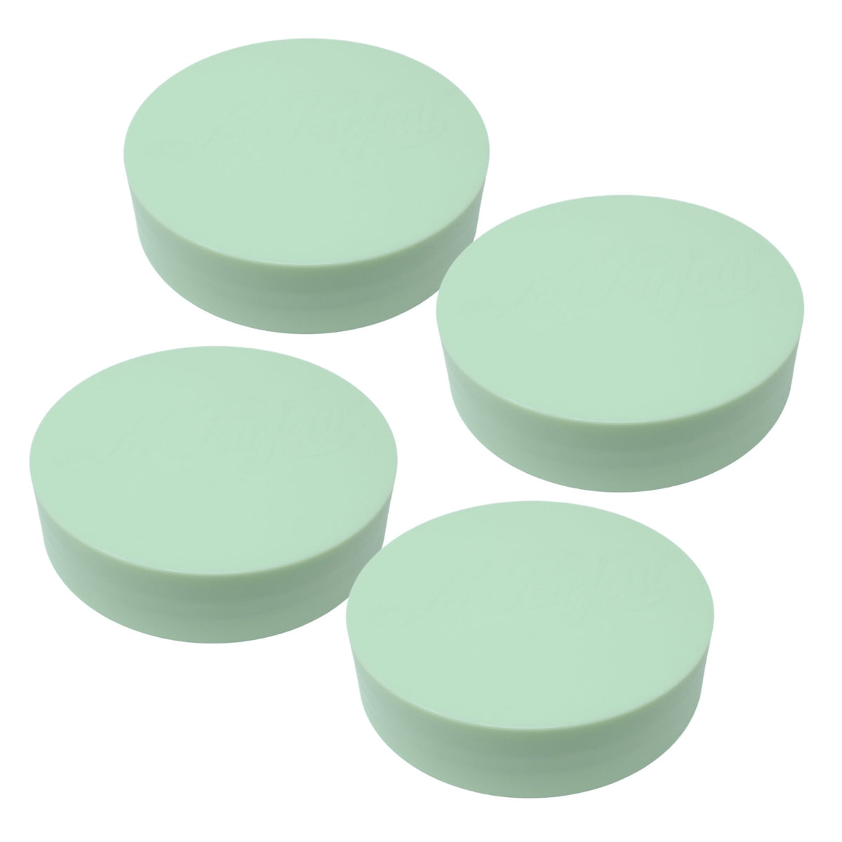 Four mint Le Parfait plastic screw-top jar lids with embossed logo, angled product shot.