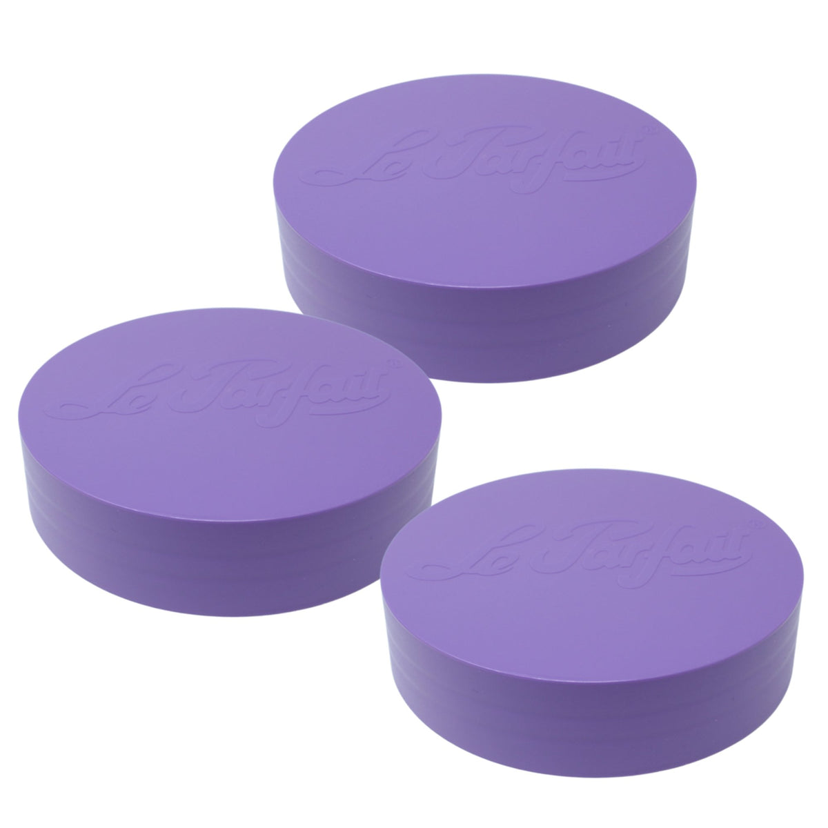 Three violet Le Parfait plastic screw-top jar lids stacked together, embossed Le Parfait logo on top.