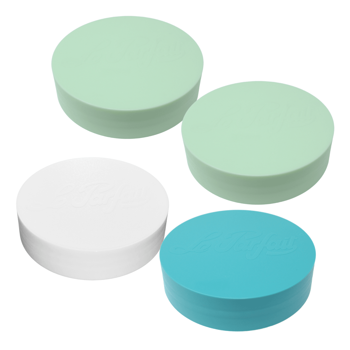 Le Parfait Coastal multipack of plastic screw-top jar lids - two mint, one white, and one teal.
