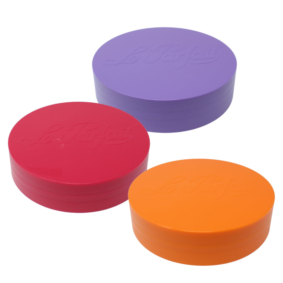 Le Parfait Warm multipack of plastic screw-top jar lids - one red, one orange, and one violet.