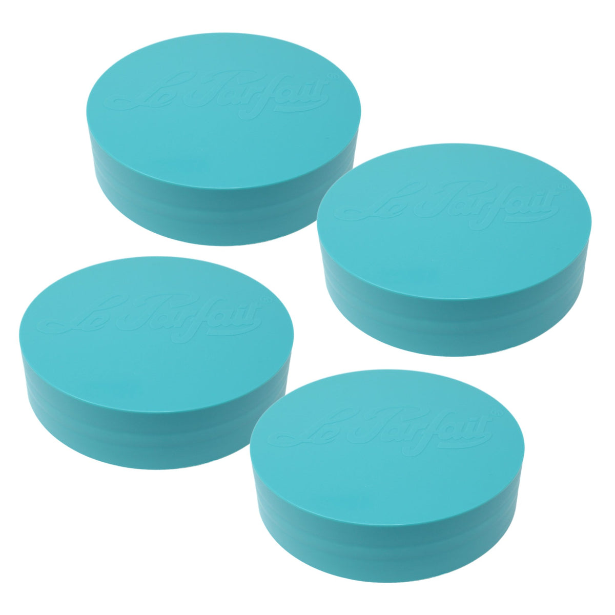 Four teal Le Parfait plastic screw-top jar lids with embossed logo, angled product shot.