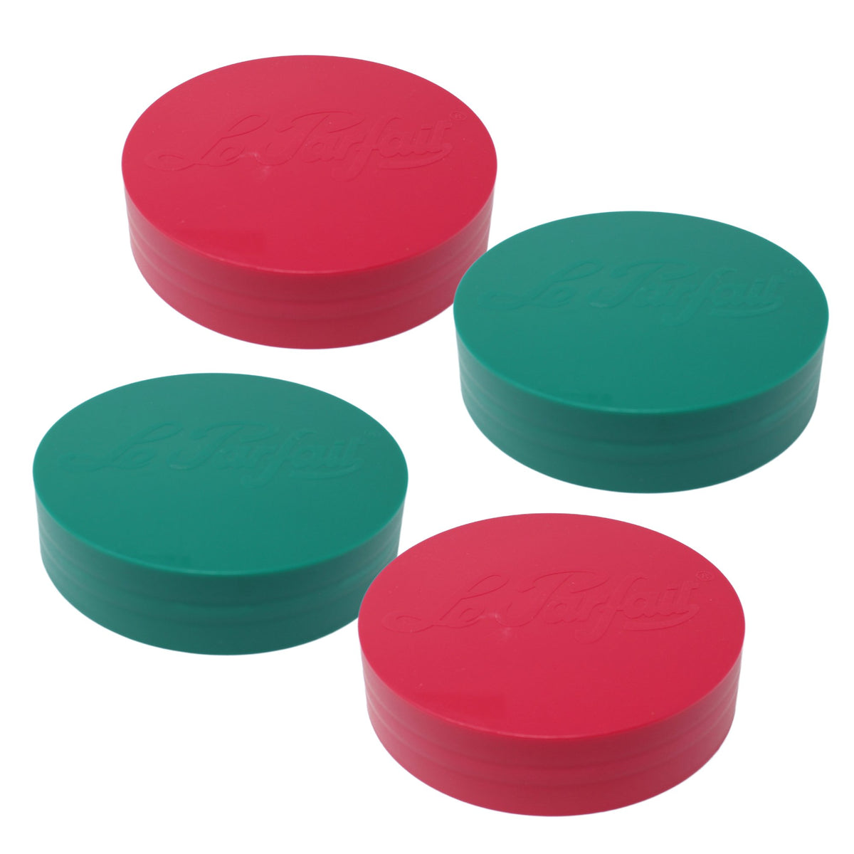 Le Parfait Holiday multipack of plastic screw-top jar lids - two red and two pine.