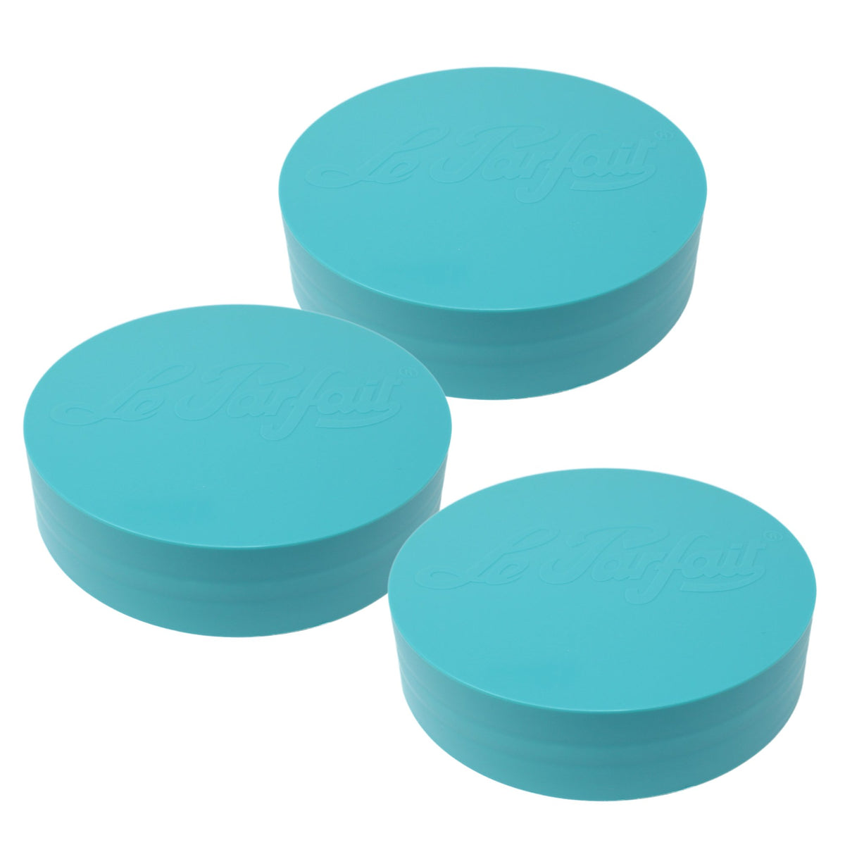Three teal Le Parfait plastic screw-top jar lids stacked together, embossed logo on top.
