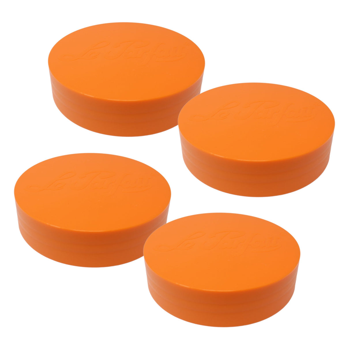 Four orange Le Parfait plastic screw-top jar lids with embossed logo, angled product shot.