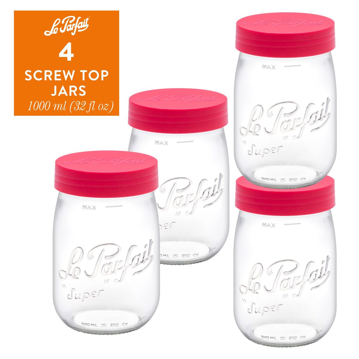 4-pack of Le Parfait Screw Top Jars 1L (32 fl oz) with red plastic screw lids.