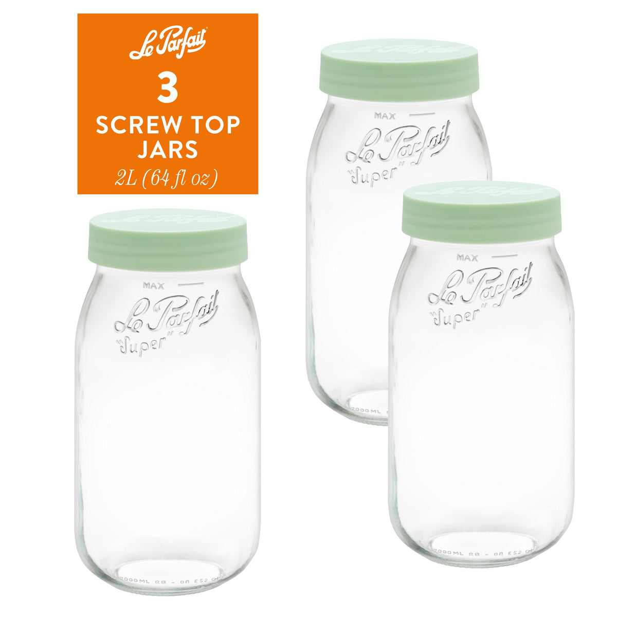 3-pack of Le Parfait Screw Top Jars 2L (64 fl oz) with mint plastic screw lids.