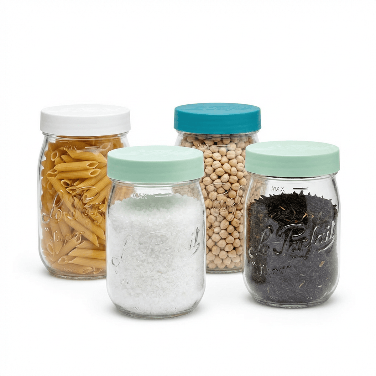 Le Parfait Screw Top Jars in mixed color lids storing pasta, sugar, chickpeas, and black beans on a pantry shelf.