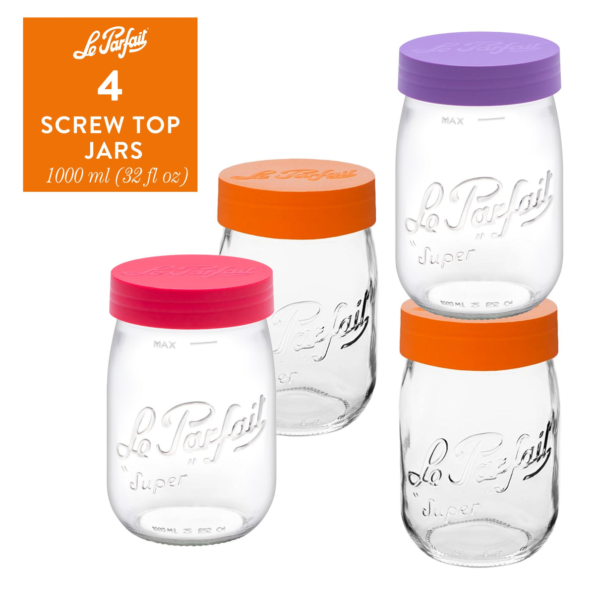 4-pack of Le Parfait Screw Top Jars 1L (32 fl oz) - mixed lid colors: red, orange, and violet.