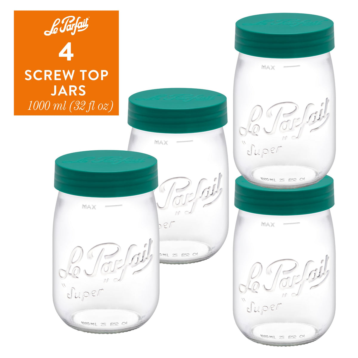 4-pack of Le Parfait Screw Top Jars 1L (32 fl oz) with pine plastic screw lids.