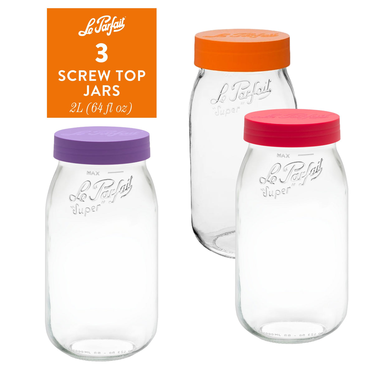 3-pack of Le Parfait Screw Top Jars 2L (64 fl oz) - mixed lid colors: violet, orange, and red.