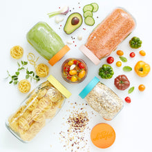 Load image into Gallery viewer, Top-down meal-prep flatlay with Le Parfait Screw Top Jars of green smoothie, red lentils, fettuccine nests, and oats with fresh vegetables and herbs.