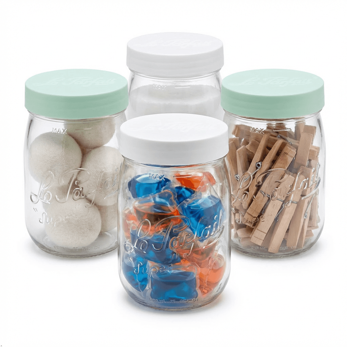 Le Parfait Screw Top Jars repurposed for non-food storage -  dishwasher pods and wooden clothes pins under mixed-color lids.