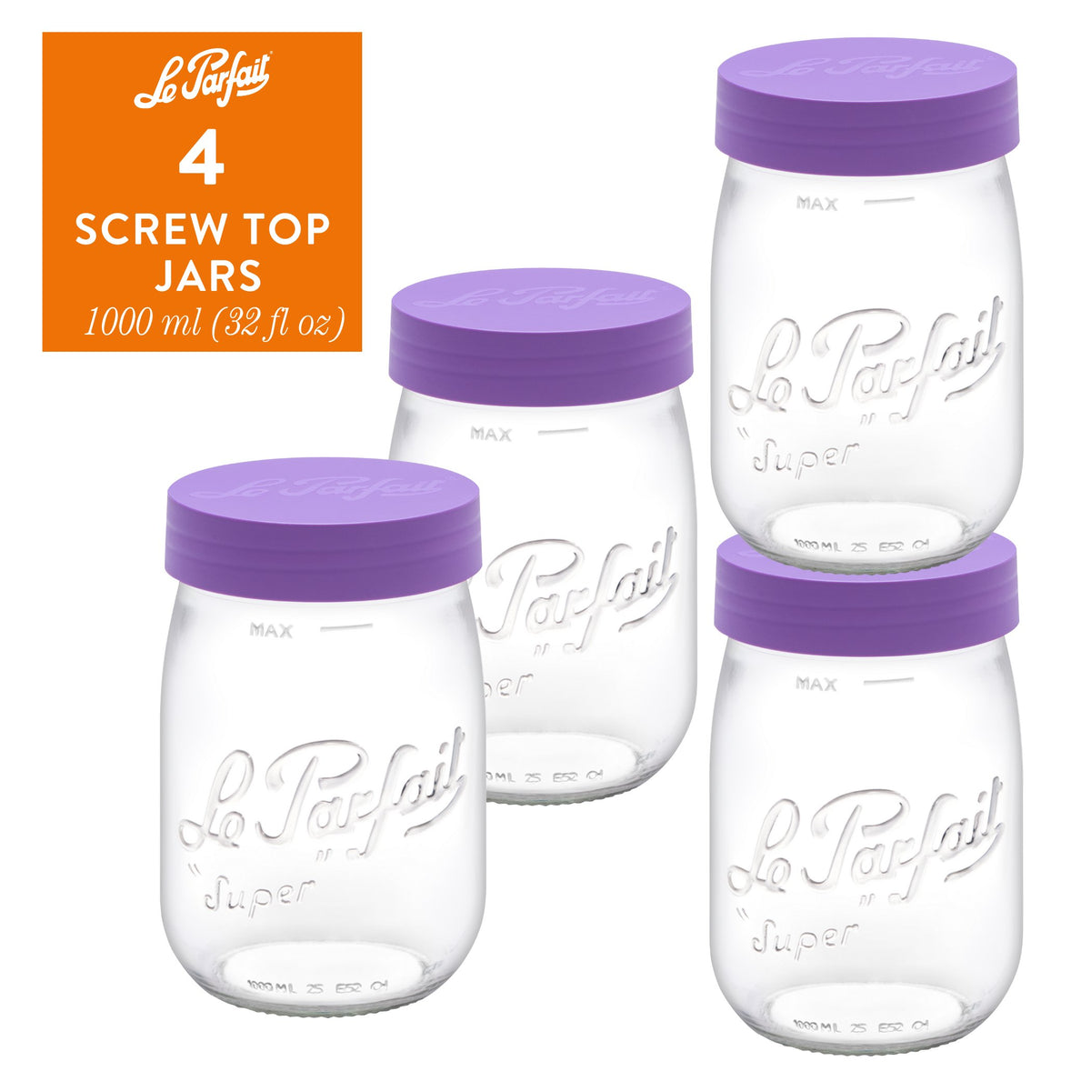 4-pack of Le Parfait Screw Top Jars 1L (32 fl oz) with violet plastic screw lids.