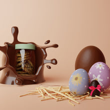 Load image into Gallery viewer, Le Parfait Super jar with mint lid full of chocolate chip cookies, framed by a chocolate splash, chocolate eggs, and pastel painted Easter eggs.
