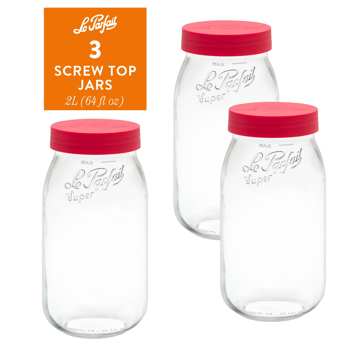 3-pack of Le Parfait Screw Top Jars 2L (64 fl oz) with red plastic screw lids.