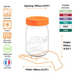 Le Parfait Screw Top Jar 2L size guide: 100mm opening, 245mm height, 122mm width; dishwasher, freezer, microwave safe with size-100 parts.