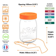 Load image into Gallery viewer, Le Parfait Screw Top Jar 2L size guide: 100mm opening, 245mm height, 122mm width; dishwasher, freezer, microwave safe with size-100 parts.