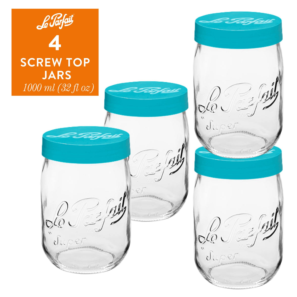 4-pack of Le Parfait Screw Top Jars 1L (32 fl oz) with teal plastic screw lids.