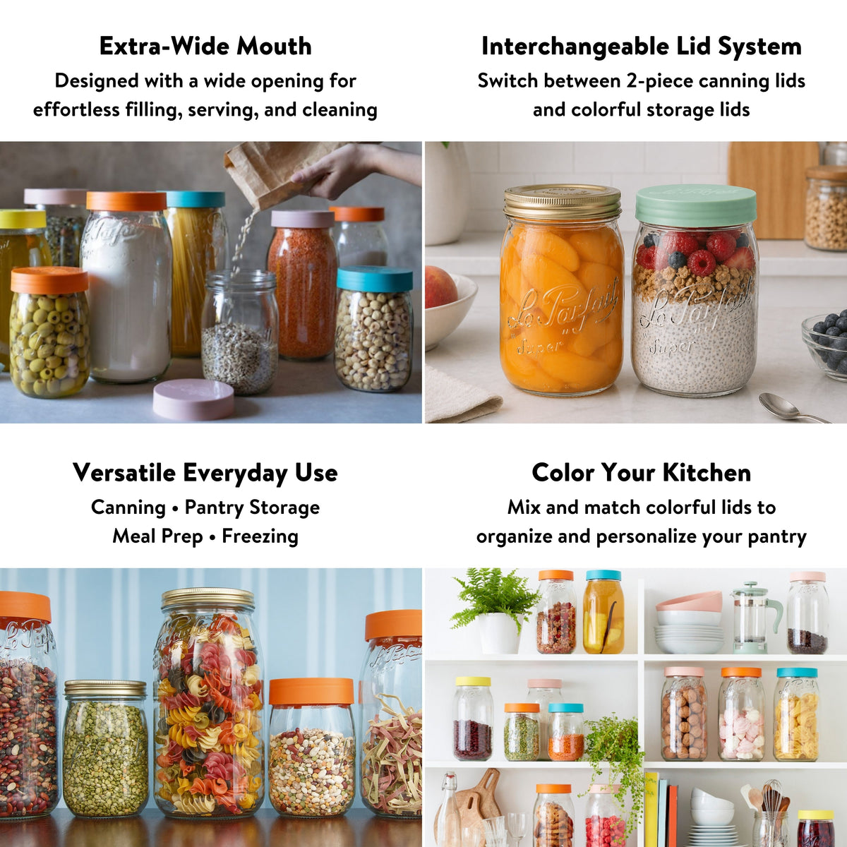Le Parfait Screw Top Jars feature card: extra-wide mouth, interchangeable canning and storage lids, versatile use, 'color your kitchen' palette.