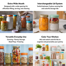 Load image into Gallery viewer, Le Parfait Screw Top Jars feature card: extra-wide mouth, interchangeable canning and storage lids, versatile use, 'color your kitchen' palette.