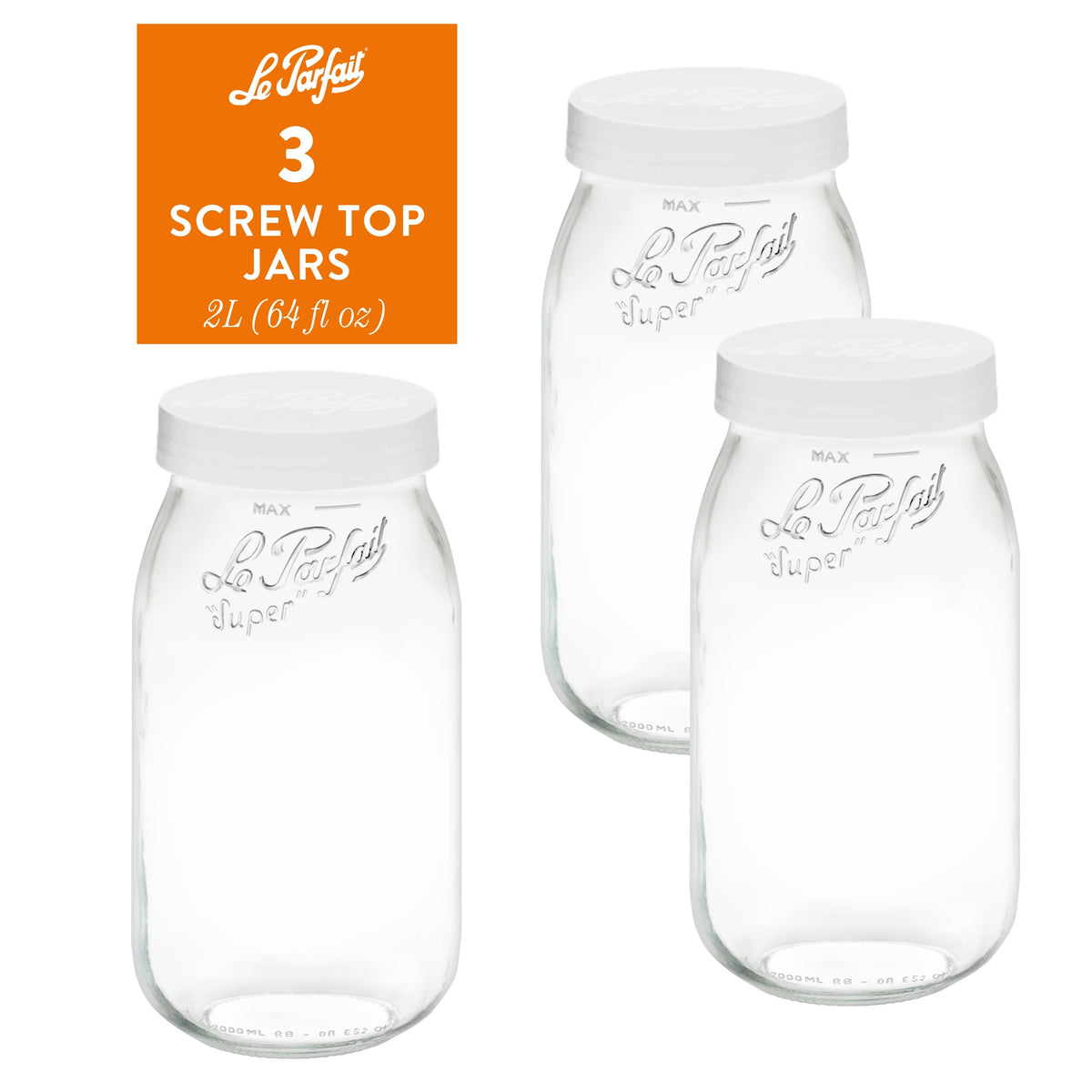 3-pack of Le Parfait Screw Top Jars 2L (64 fl oz) with white plastic screw lids.