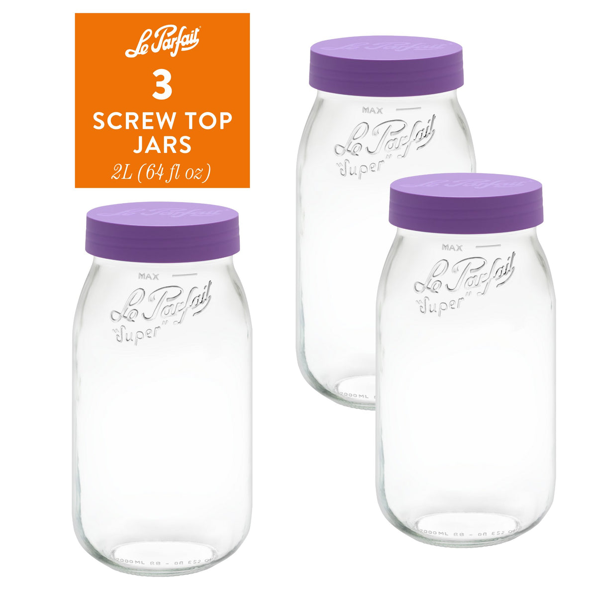 3-pack of Le Parfait Screw Top Jars 2L (64 fl oz) with violet plastic screw lids.
