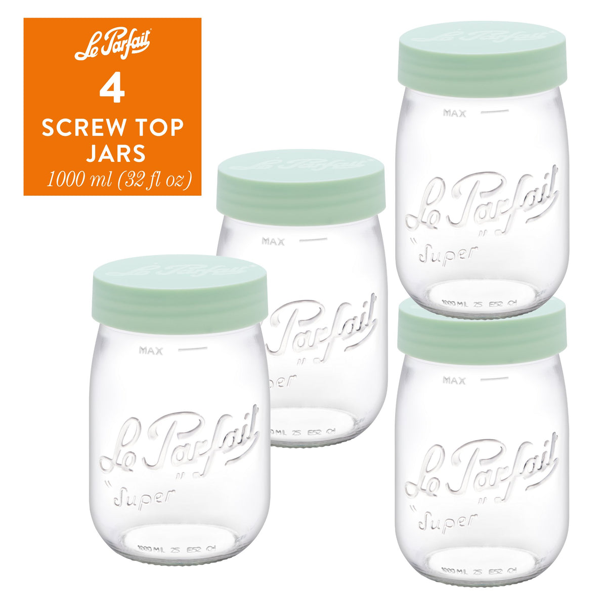 4-pack of Le Parfait Screw Top Jars 1L (32 fl oz) with mint plastic screw lids.