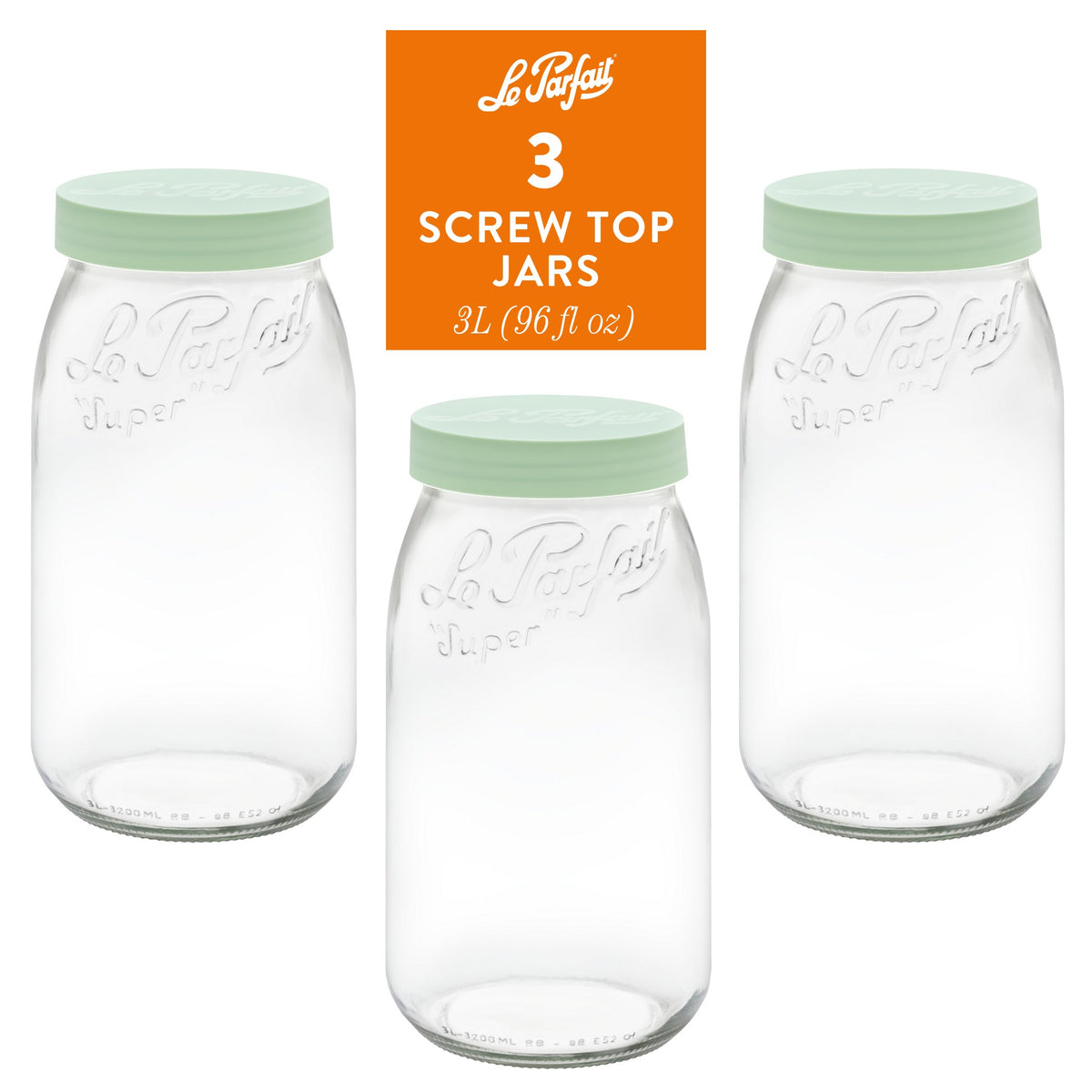 3-pack of Le Parfait Screw Top Jars 3L (96 fl oz) with mint plastic screw lids.