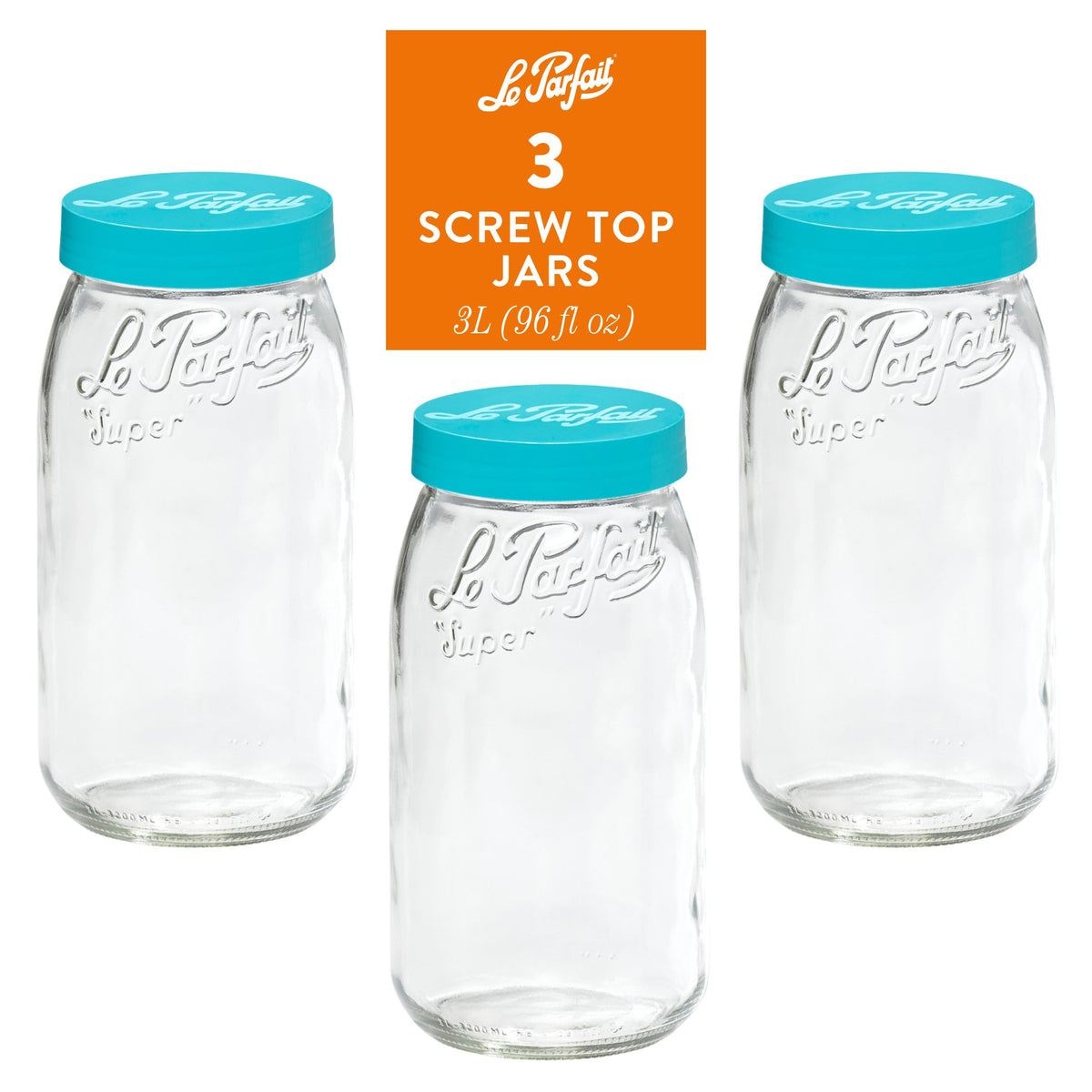 3-pack of Le Parfait Screw Top Jars 3L (96 fl oz) with teal plastic screw lids.