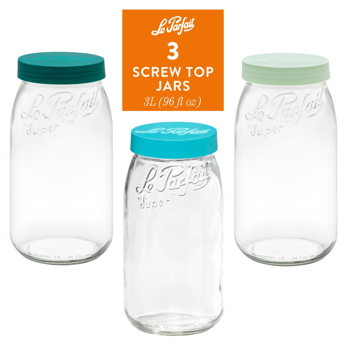 3-pack of Le Parfait Screw Top Jars 3L (96 fl oz) - mixed cool-tone lids: mint, teal, and pine.