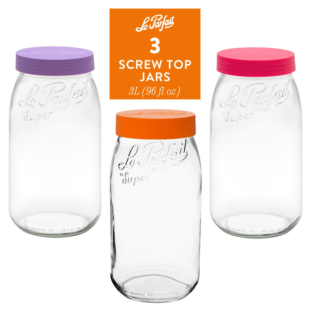 3-pack of Le Parfait Screw Top Jars 3L (96 fl oz) - mixed lid colors: violet, orange, and red.