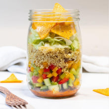 Load image into Gallery viewer, Le Parfait Super jar layered with marinara, diced vegetables, quinoa, lettuce, and tortilla chips as a make-ahead salad-in-a-jar.