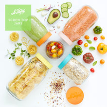 Load image into Gallery viewer, Top-down Le Parfait Screw Top Jars filled with green pesto, red lentils, tagliatelle, and oats among avocado, cucumber, tomatoes, and fresh herbs.
