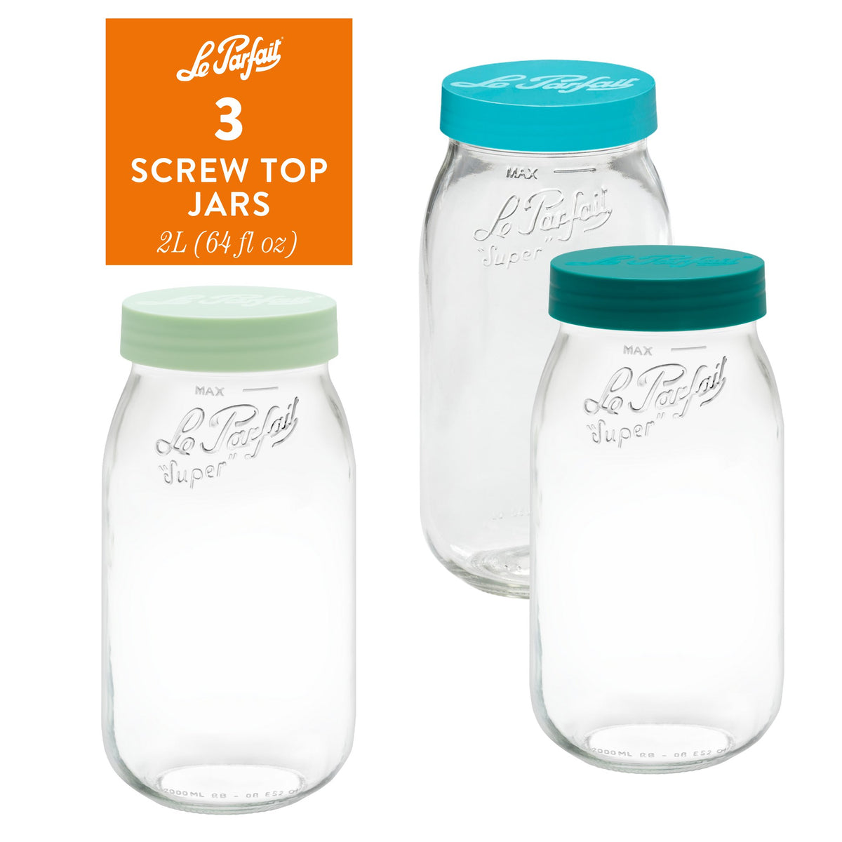 3-pack of Le Parfait Screw Top Jars 2L (64 fl oz) - mixed cool-tone lids: mint, teal, and pine.