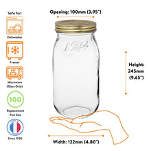 Load image into Gallery viewer, Le Parfait Screw Top Jar 2L size guide with gold canning lid: 100mm opening, 245mm height, 122mm width; dishwasher, freezer, and microwave safe.