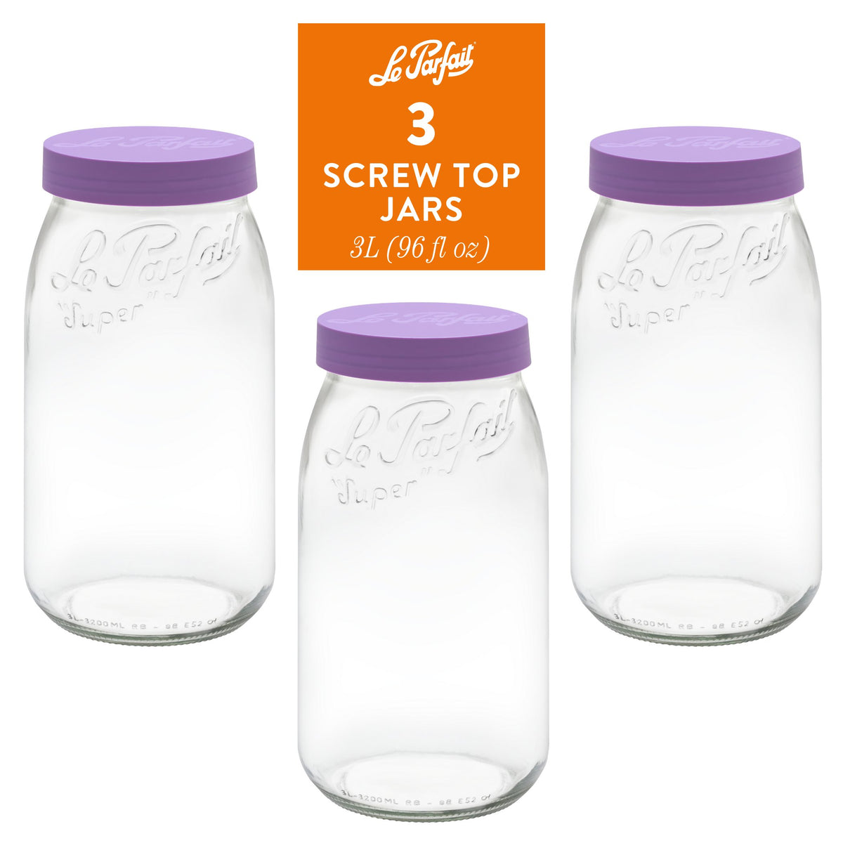 3-pack of Le Parfait Screw Top Jars 3L (96 fl oz) with violet plastic screw lids.