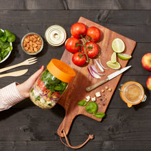Load image into Gallery viewer, Le Parfait Screw Top Jar of layered quinoa, vegetables, and greens as a make-ahead salad on a wooden cutting board with tomatoes and limes.