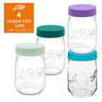 4-pack of Le Parfait Screw Top Jars 1L (32 fl oz) - mixed cool-tone lids: mint, pine, violet, and teal.
