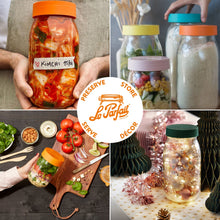Load image into Gallery viewer, Four-panel 'Preserve/Store/Serve/Décor' Le Parfait Screw Top Jars collage: kimchi jar, colorful pantry storage, meal-prep salad, holiday display.