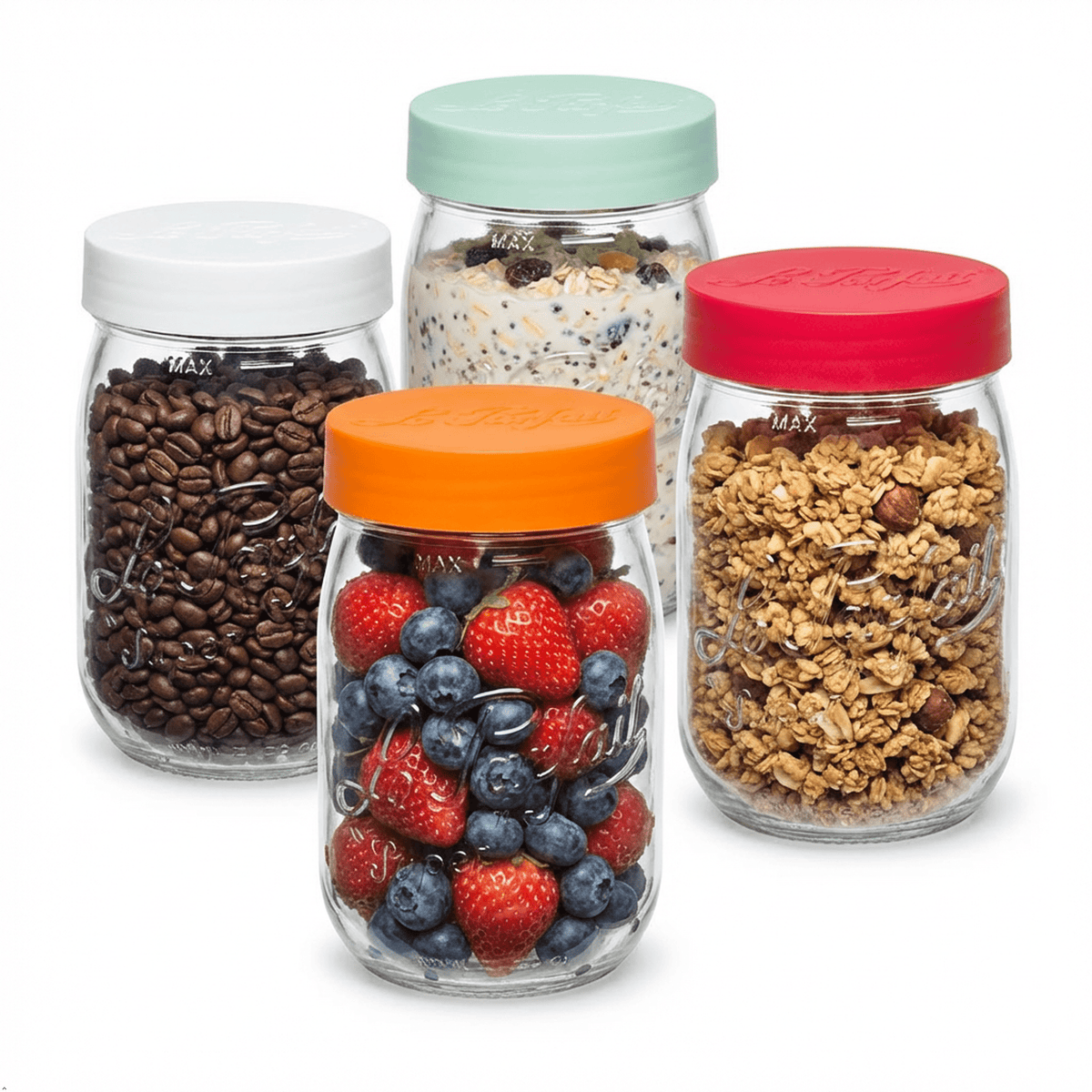 4 Le Parfait Screw Top Jars with mixed-color lids (orange, mint, white, red) filled with coffee beans, granola, fresh berries, and oats.